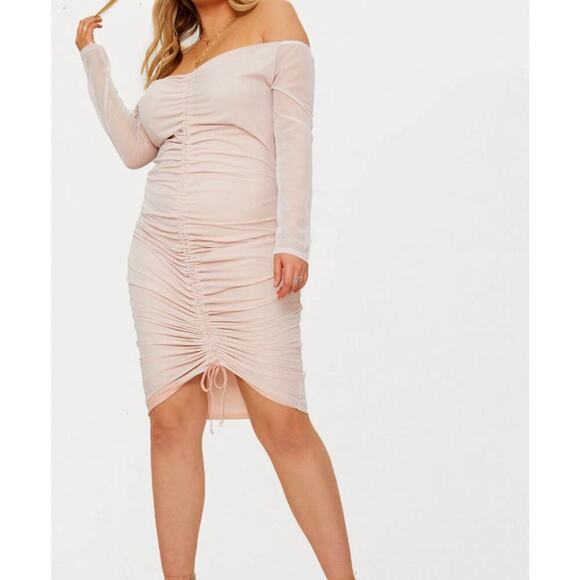 PrettyLittleThing Plus Nude Pink Mesh Ruched Bardot Midi Dress Sz 20 NWT - Picture 1 of 6